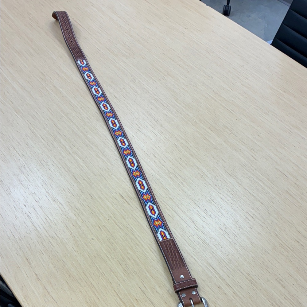 Men's south western Buckle Brown Beaded Belt with Colorful Patterns